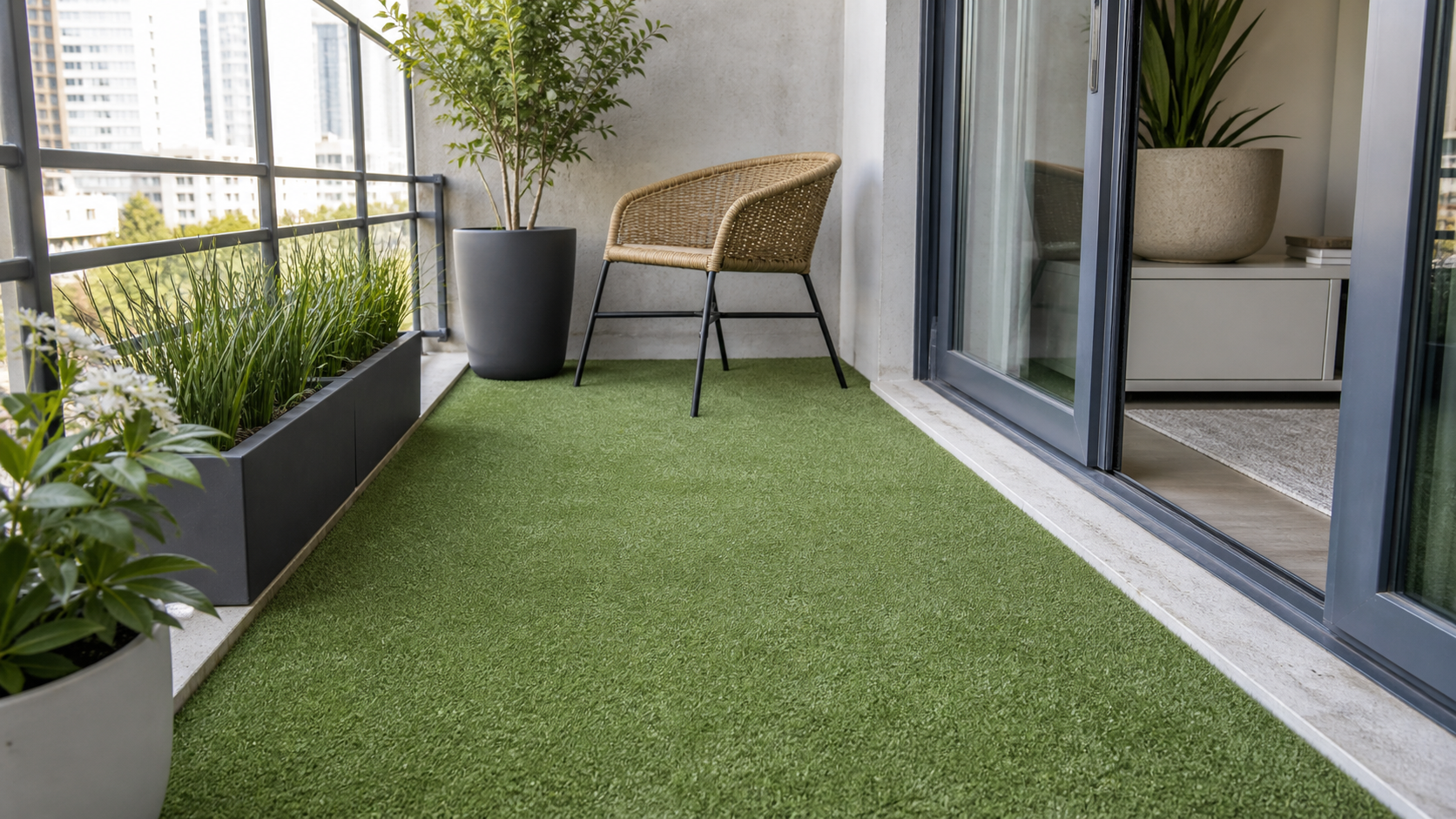very thin artificial grass installed on a small balcony patio