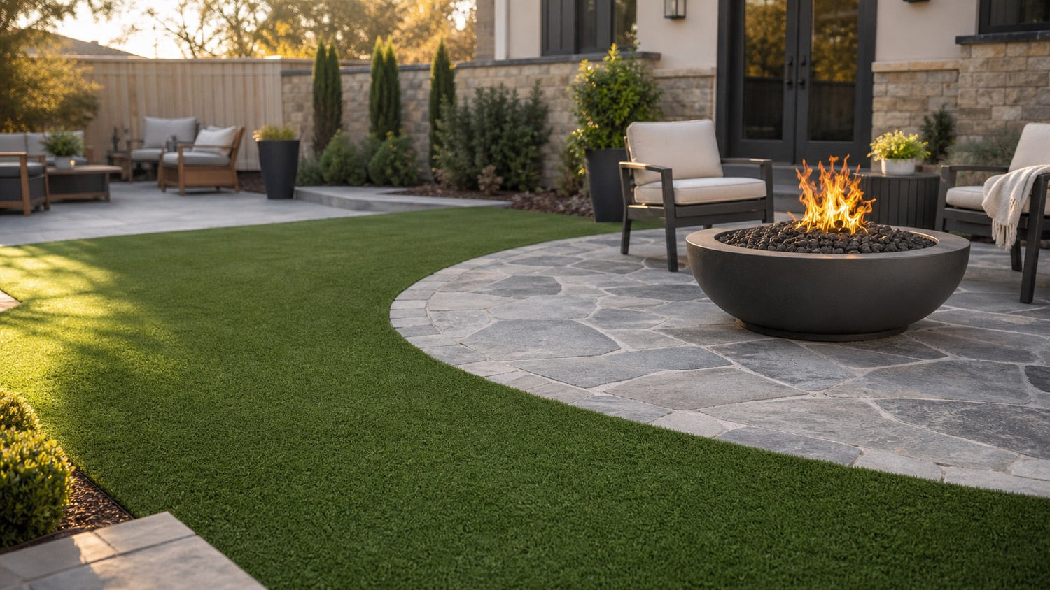 Artificial grass fire resistant lawn with a stone buffer around a backyard fire pit